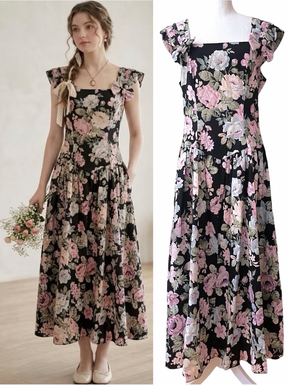 VTG 80s Miss Oops Black Floral Drop Waist Maxi Pocket Dress Cottagecore Medium